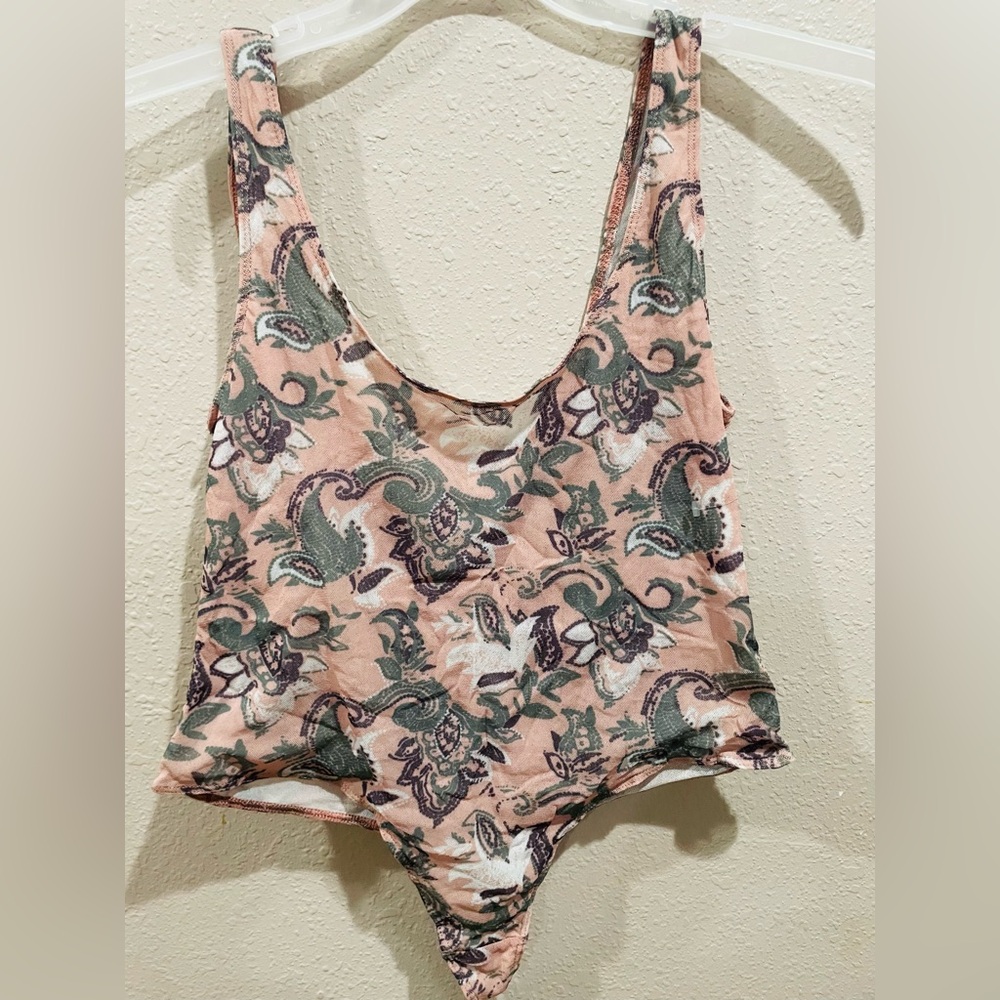 Free People Peach Tank with Green and Purple Paisley